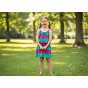 Polo Ralph Lauren Girls 6X Green Pink Stripe Spaghetti Strap Romper Dress